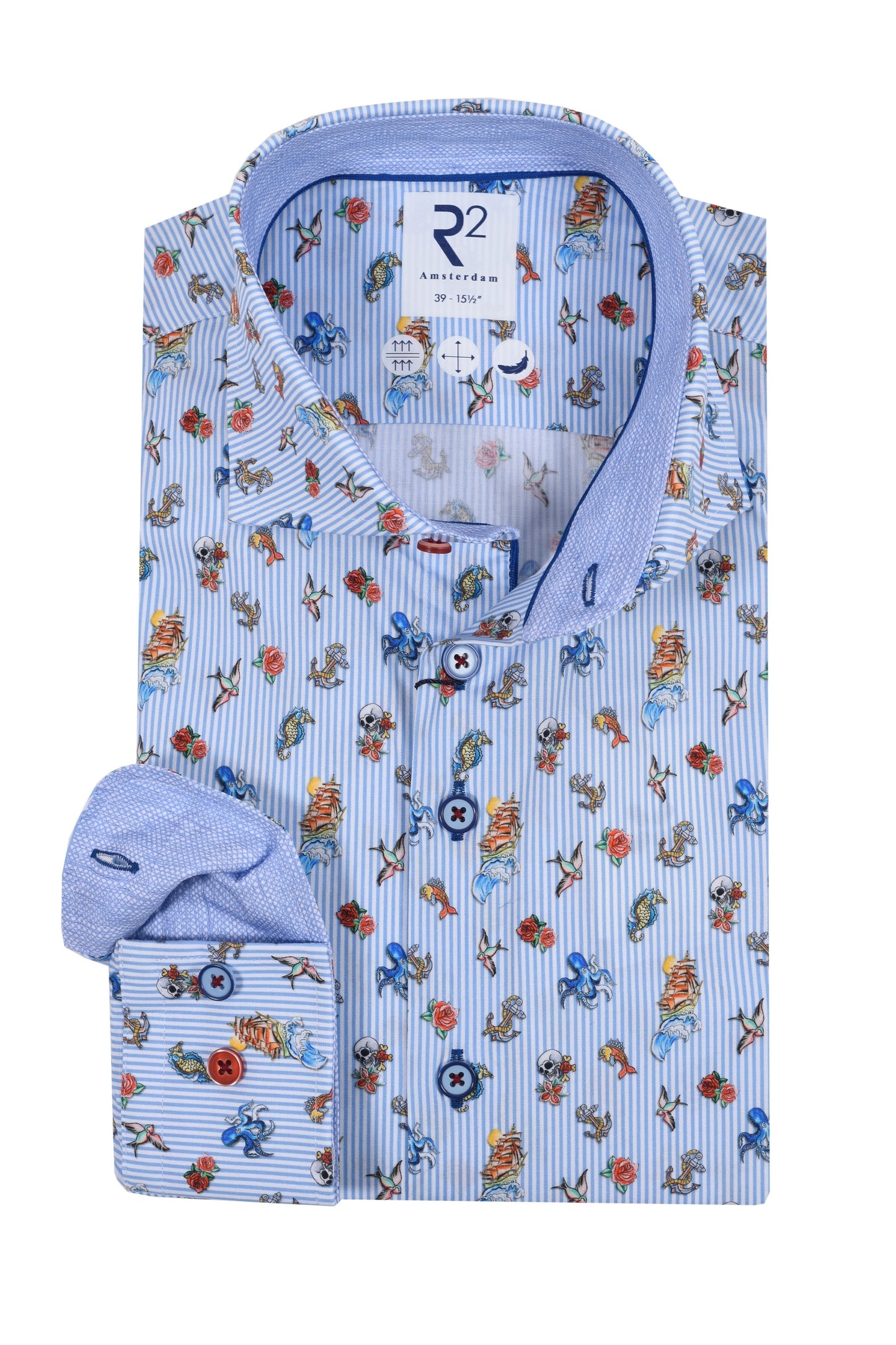 R2 Long Sleeved Cut Away Collar Ocean Print Shirt Light Blue