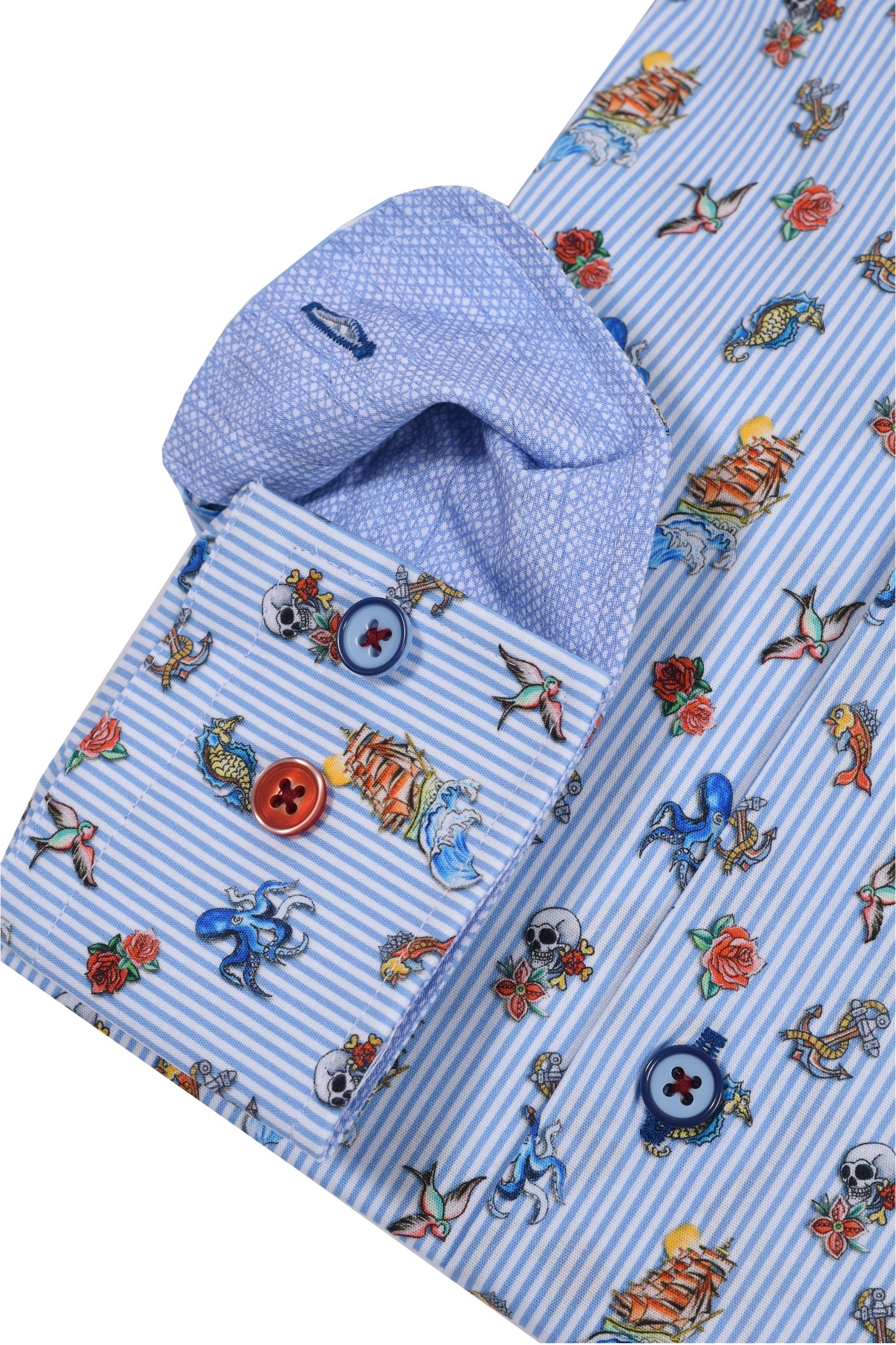 R2 Long Sleeved Cut Away Collar Ocean Print Shirt Light Blue