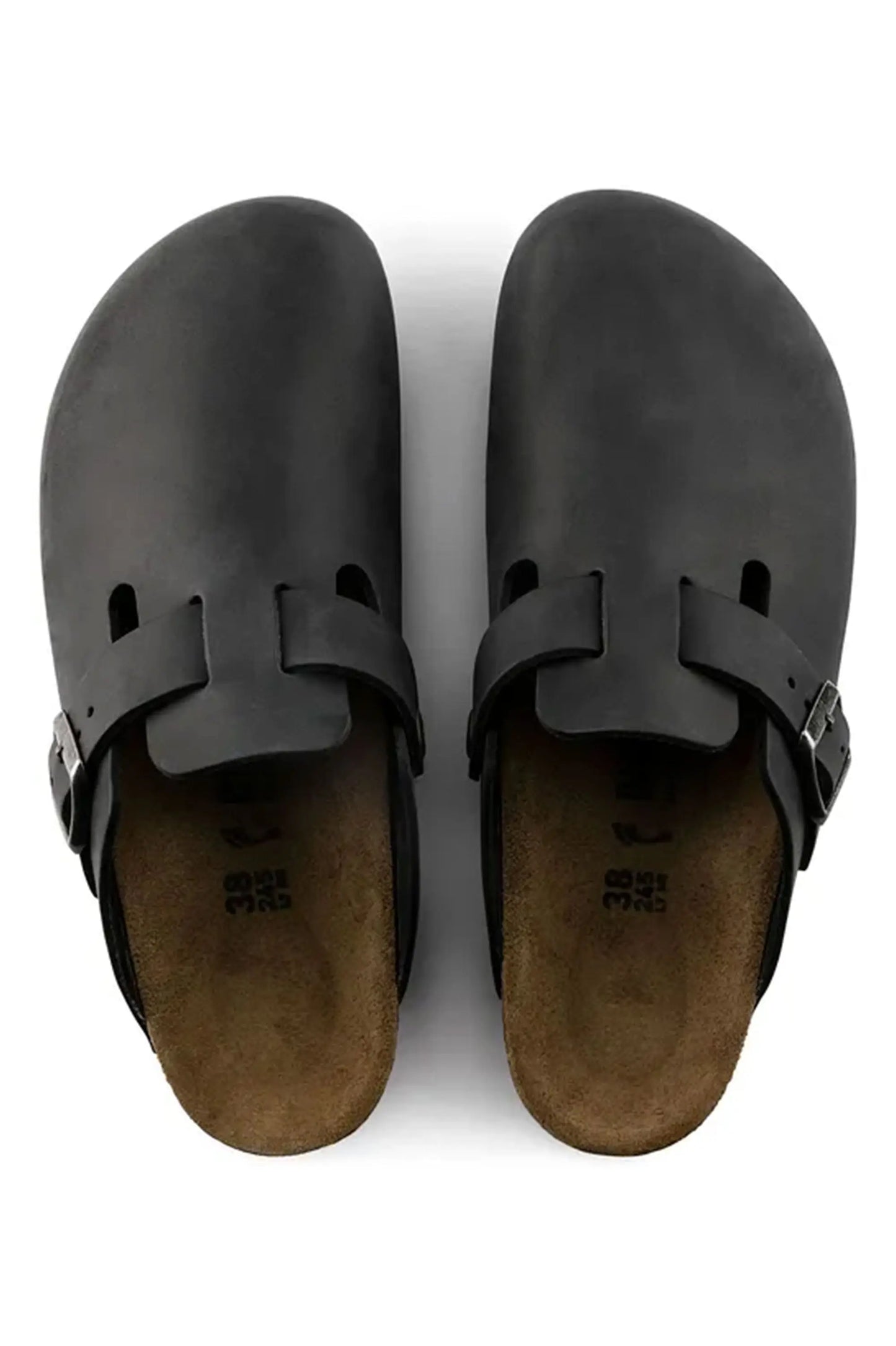 Pair of black leather BIRKENSTOCK sandals with brown soles on a white background