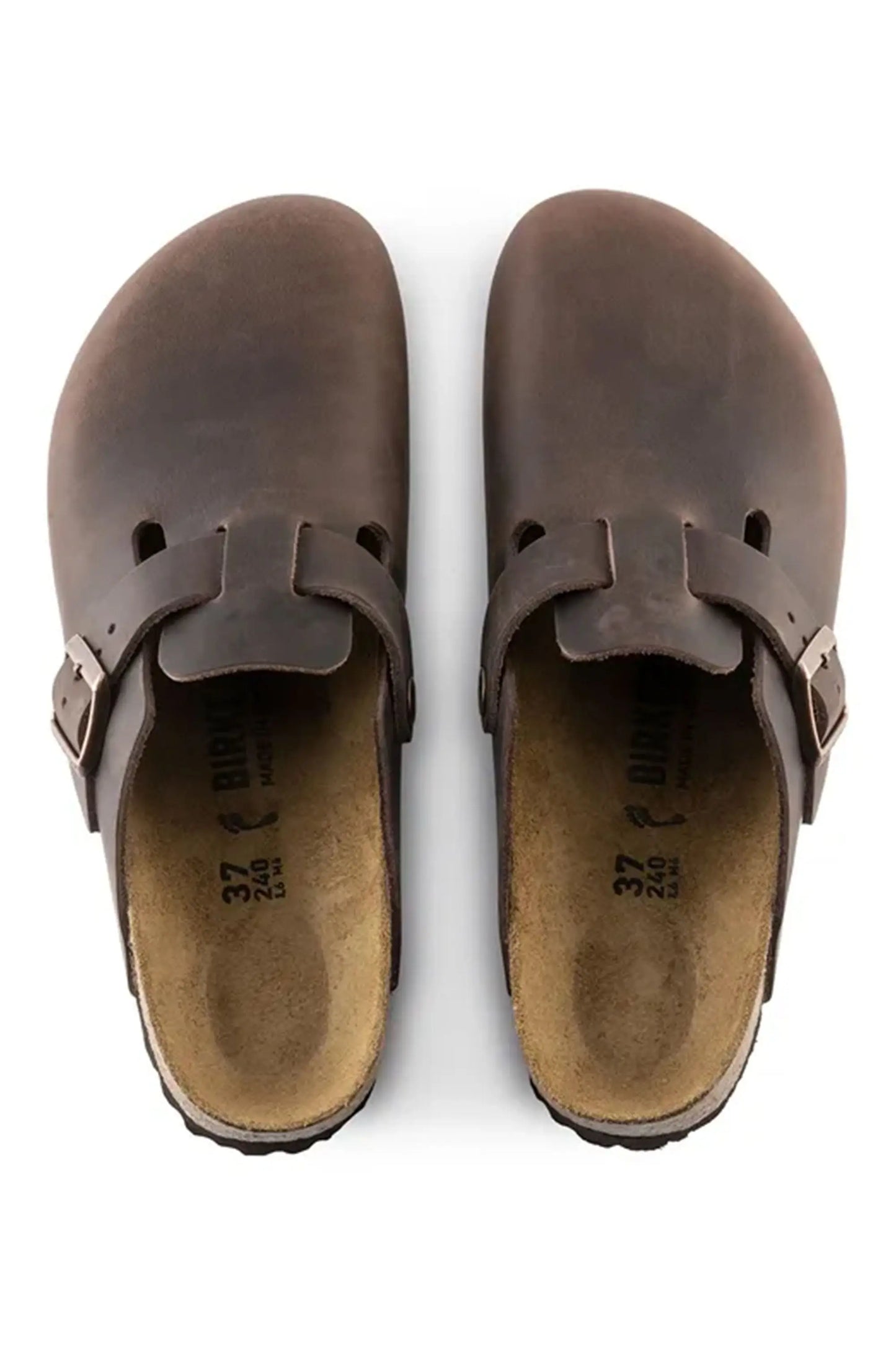 Pair of BIRKENSTOCK brown clogs on a white background