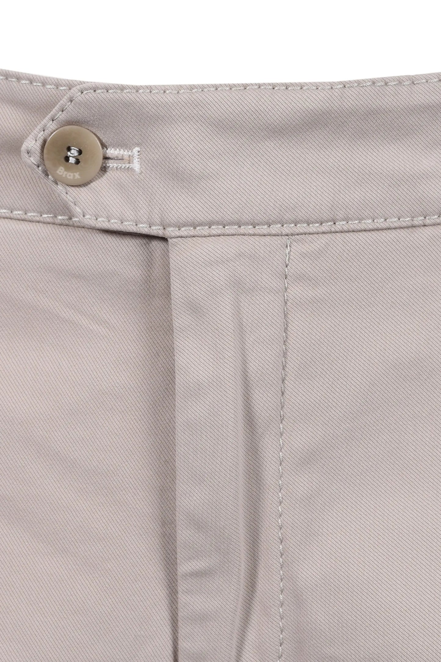 Close up of the button and zip closure on a pair of Brax Everest chino in the stone colour.