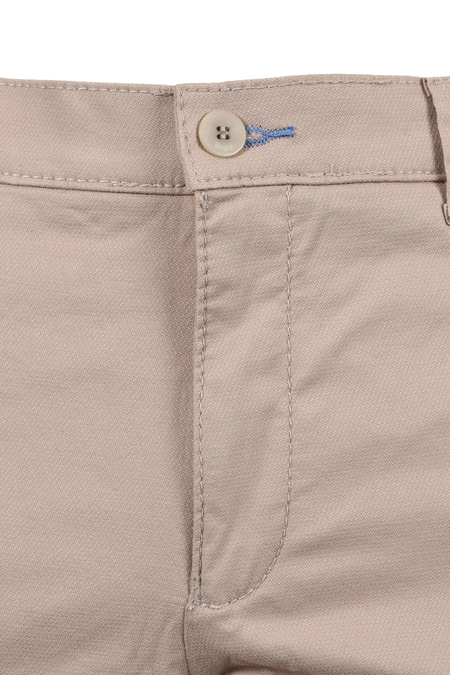 Close up of the button and zip fly closure on a pair of Brax Fabio chinos in the colour stone.