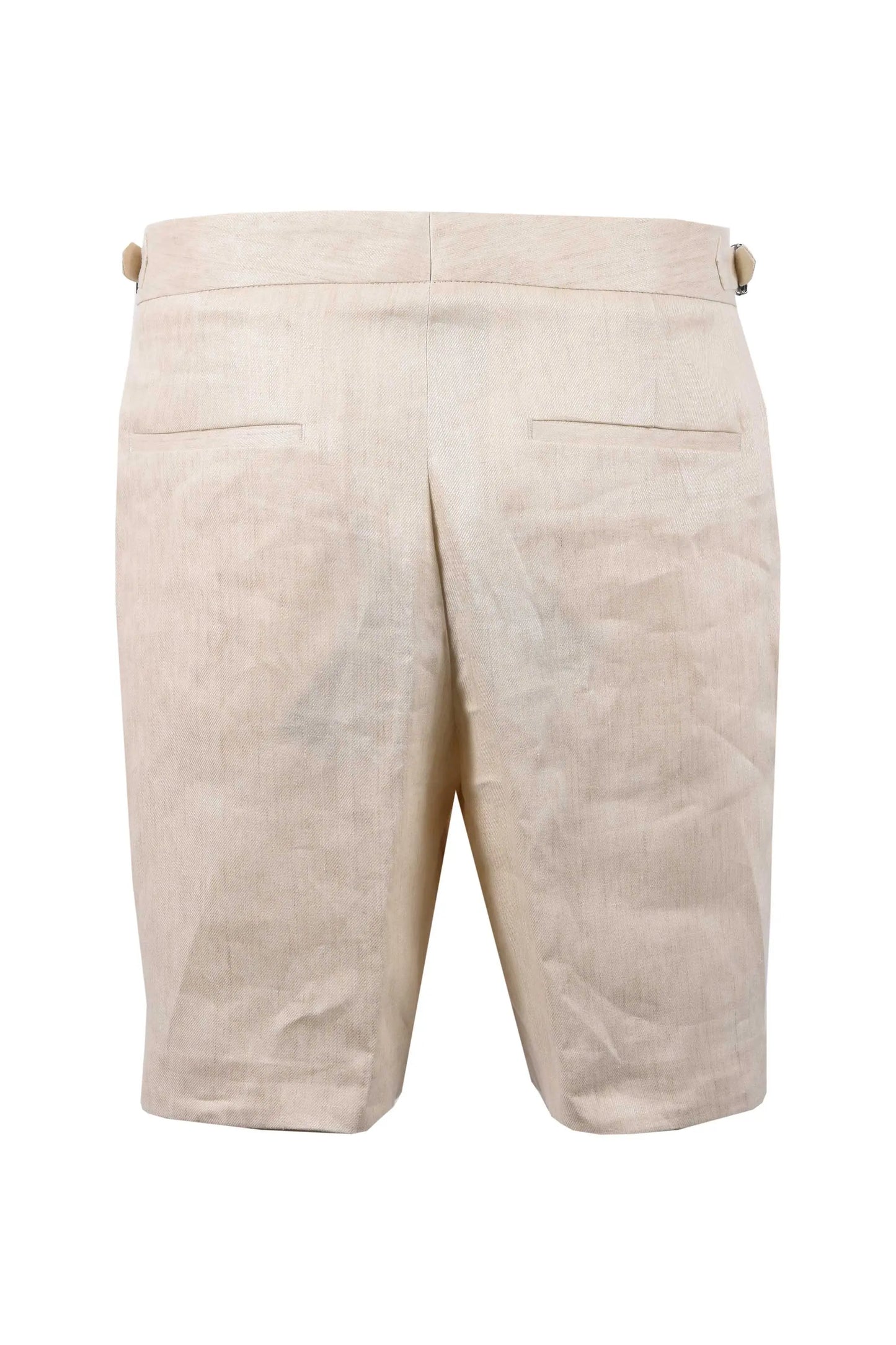 The back of a pair of Boss black Linen shorts, Shows the pockets and the waist.