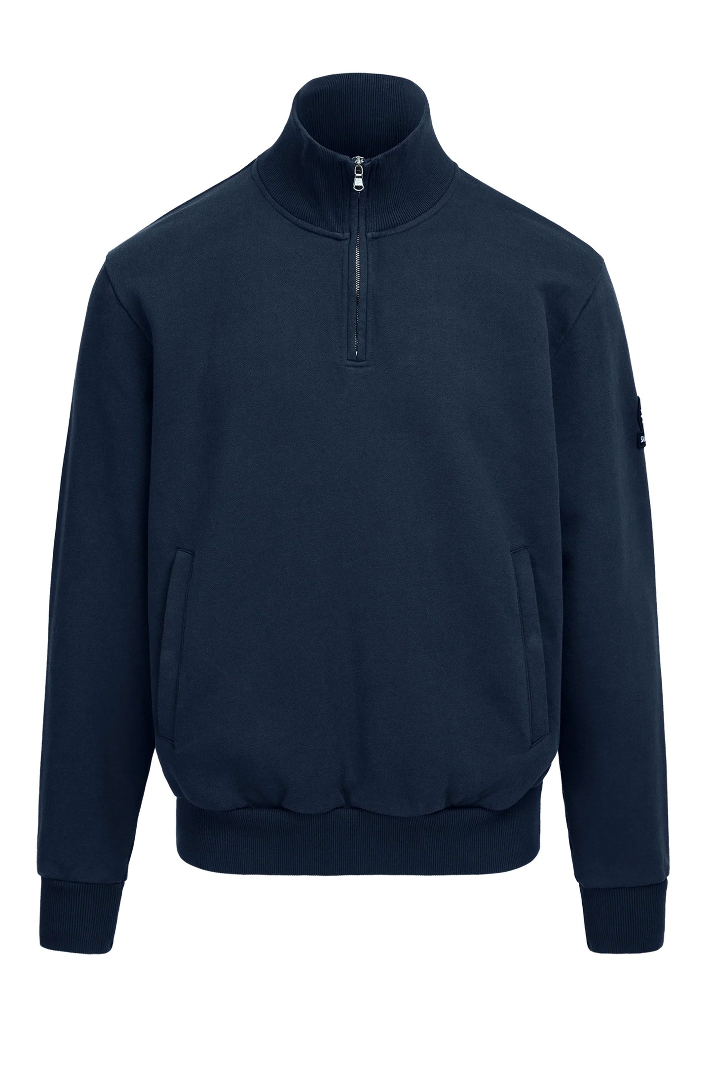 SANDBANKS BADGE LOGO QUARTER ZIP SWEATSHIRT NAVY