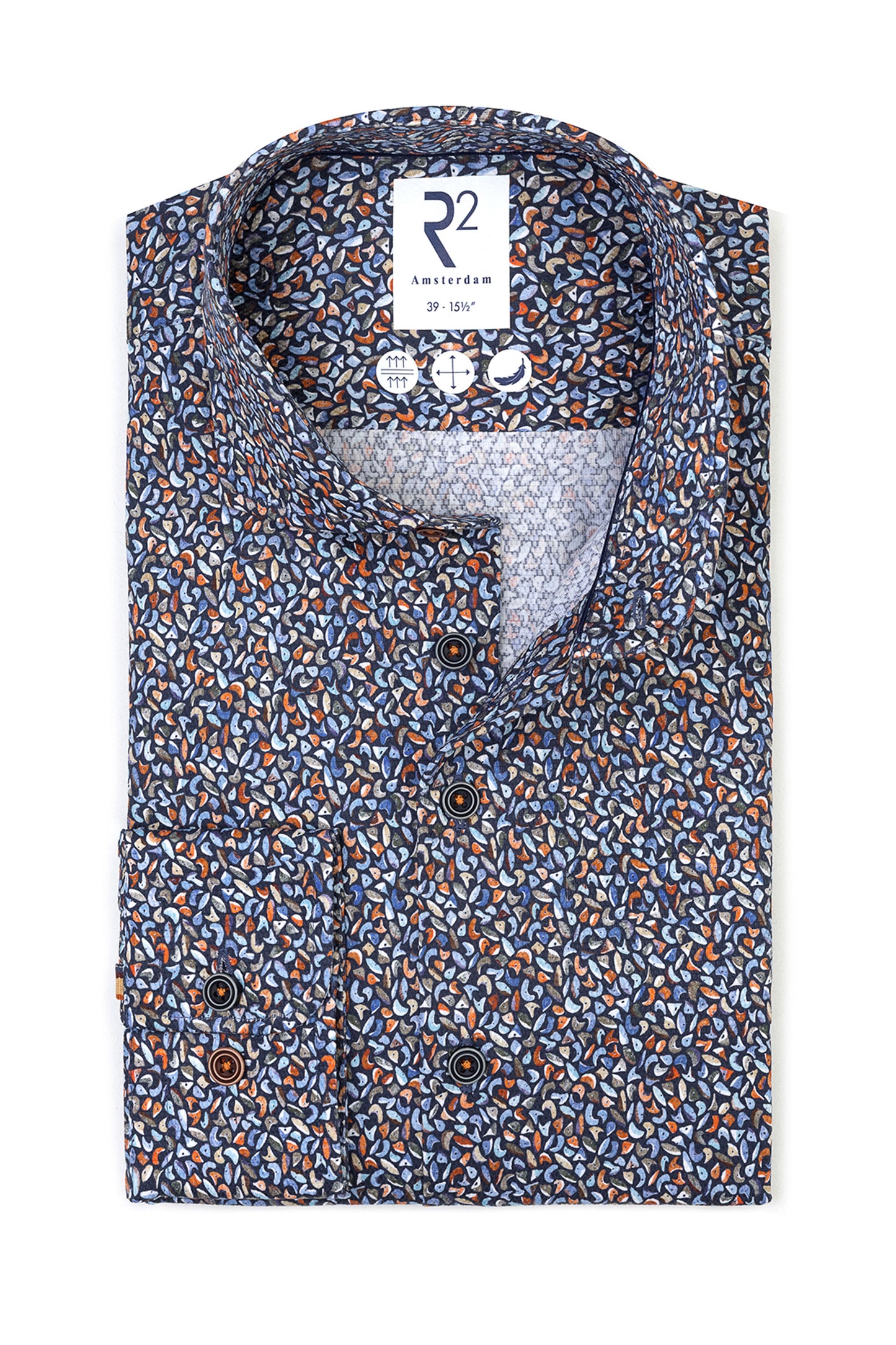 R2 Long Sleeved Cut Away Collar Pattered Shirt Multip-Coloured
