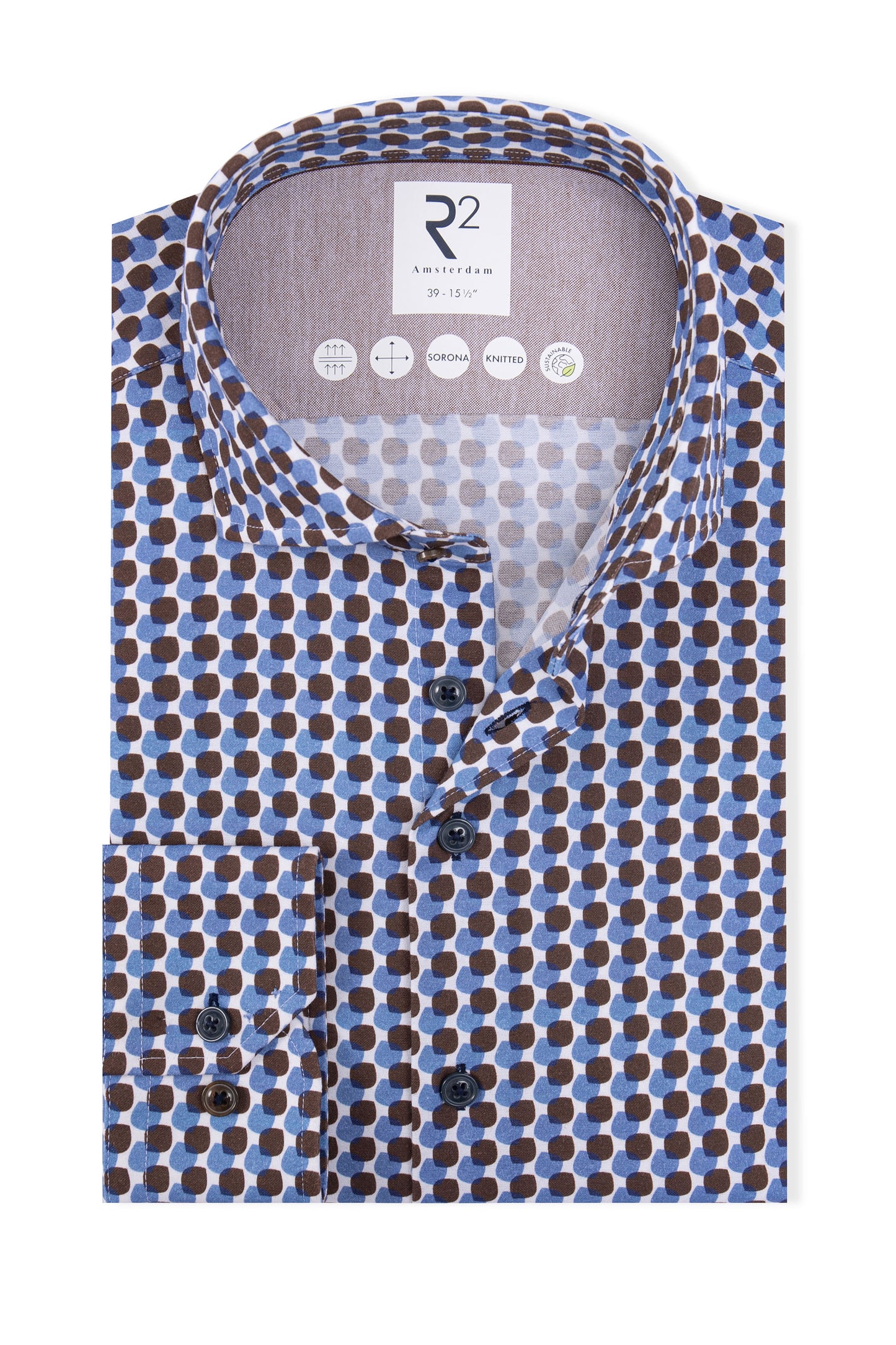 R2 Long Sleeved Cut Away Collar Shirt Brown Patterned