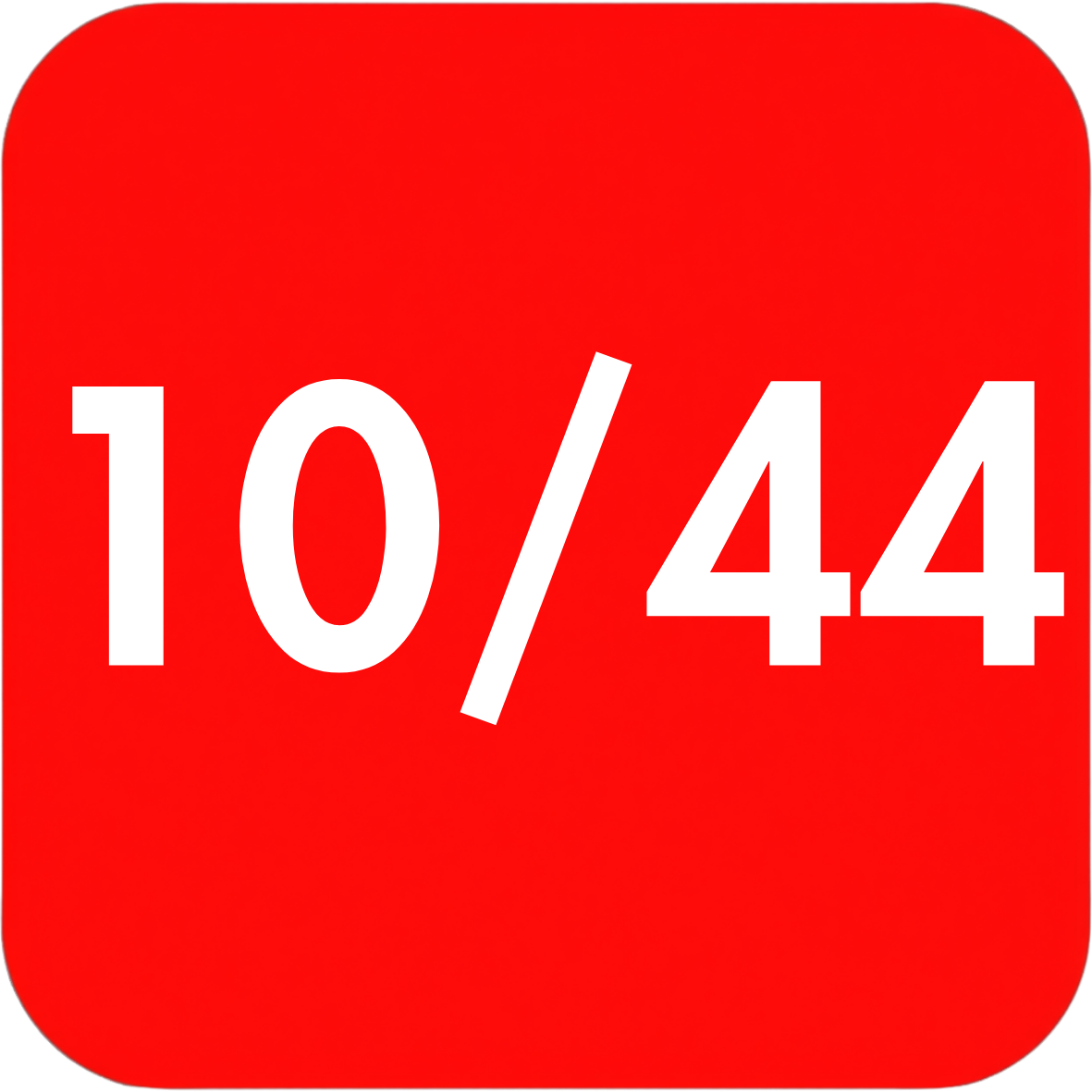 A red rounded square icon with white text reading '10/44' on a plain white background.