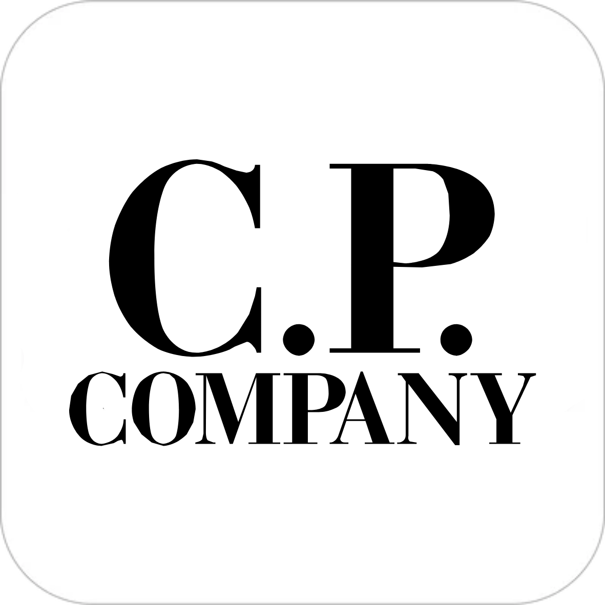 A square white card or label with rounded corners, featuring the black serif text 'C.P. Company logo