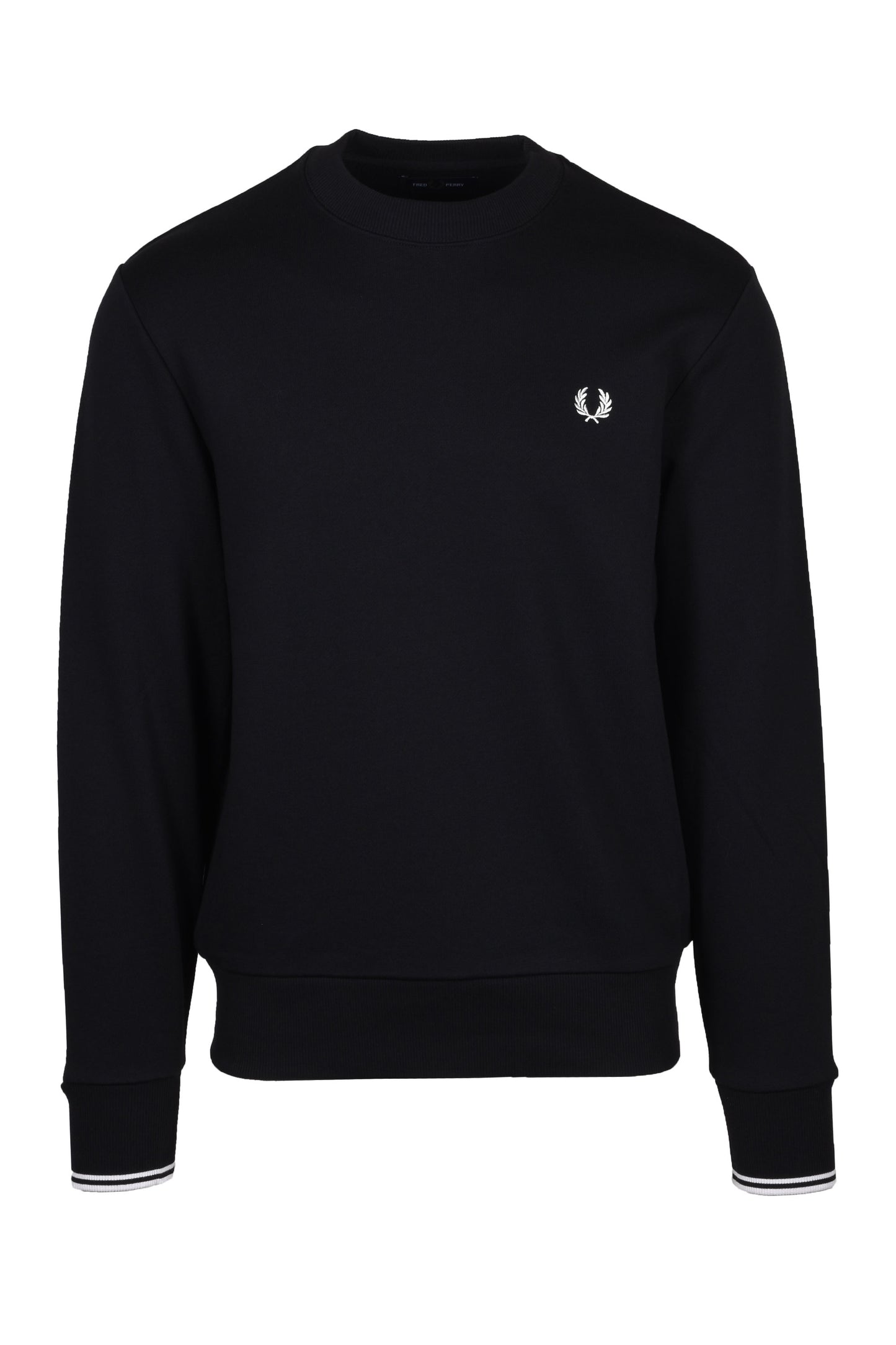 Full image if a black and white twin tipped Fred Perry Laurel wreath embroidered branded crew neck sweatshirt