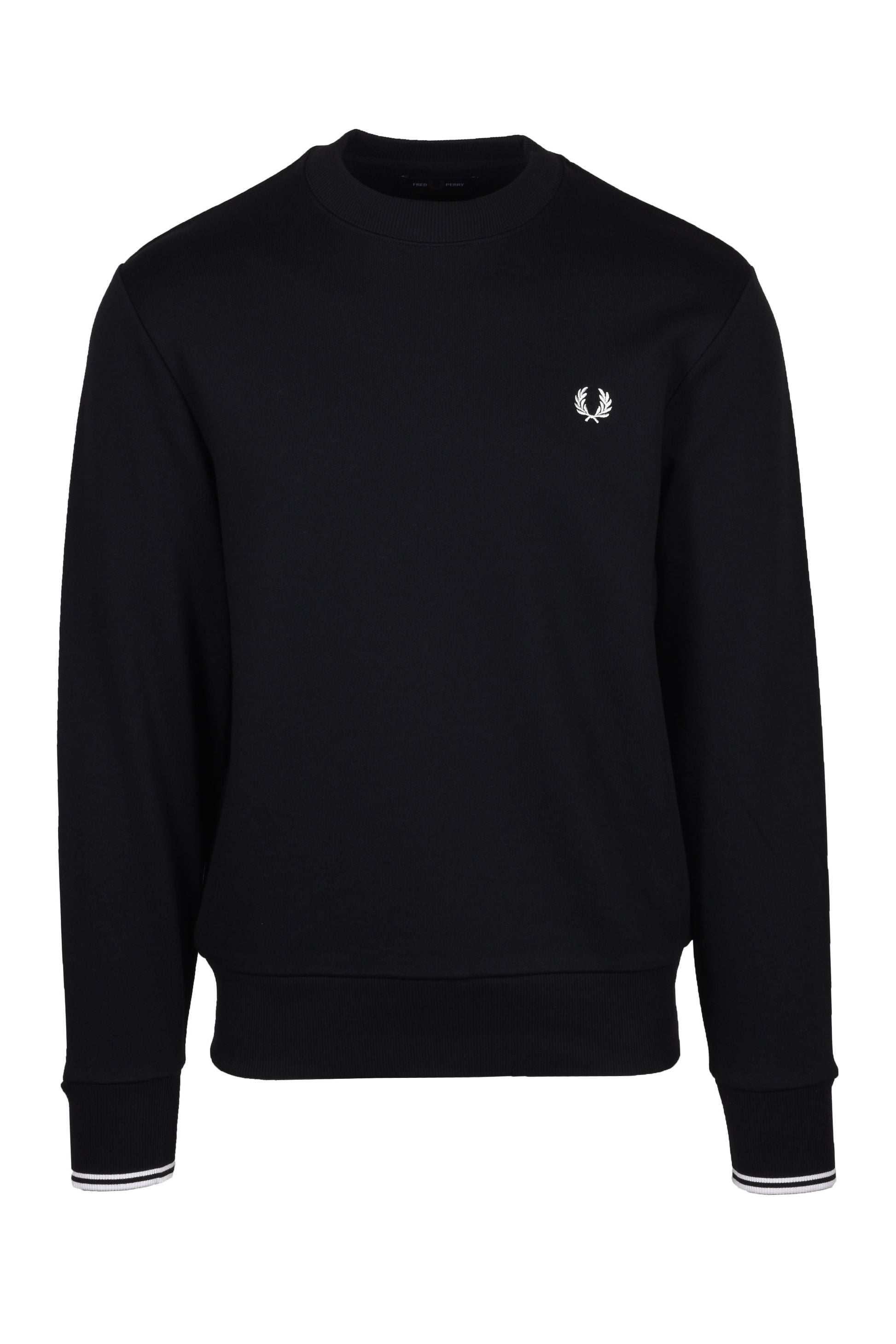 Full image if a black and white twin tipped Fred Perry Laurel wreath embroidered branded crew neck sweatshirt