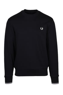 Full image if a black and white twin tipped Fred Perry Laurel wreath embroidered branded crew neck sweatshirt
