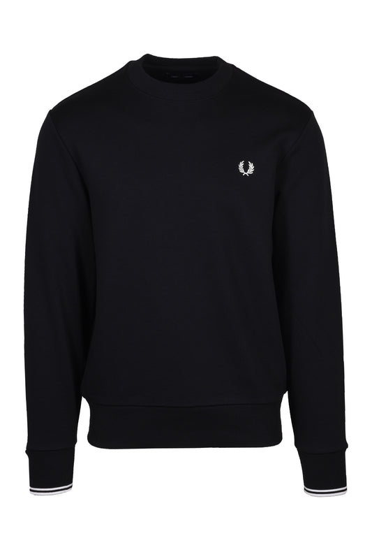 Full image if a black and white twin tipped Fred Perry Laurel wreath embroidered branded crew neck sweatshirt