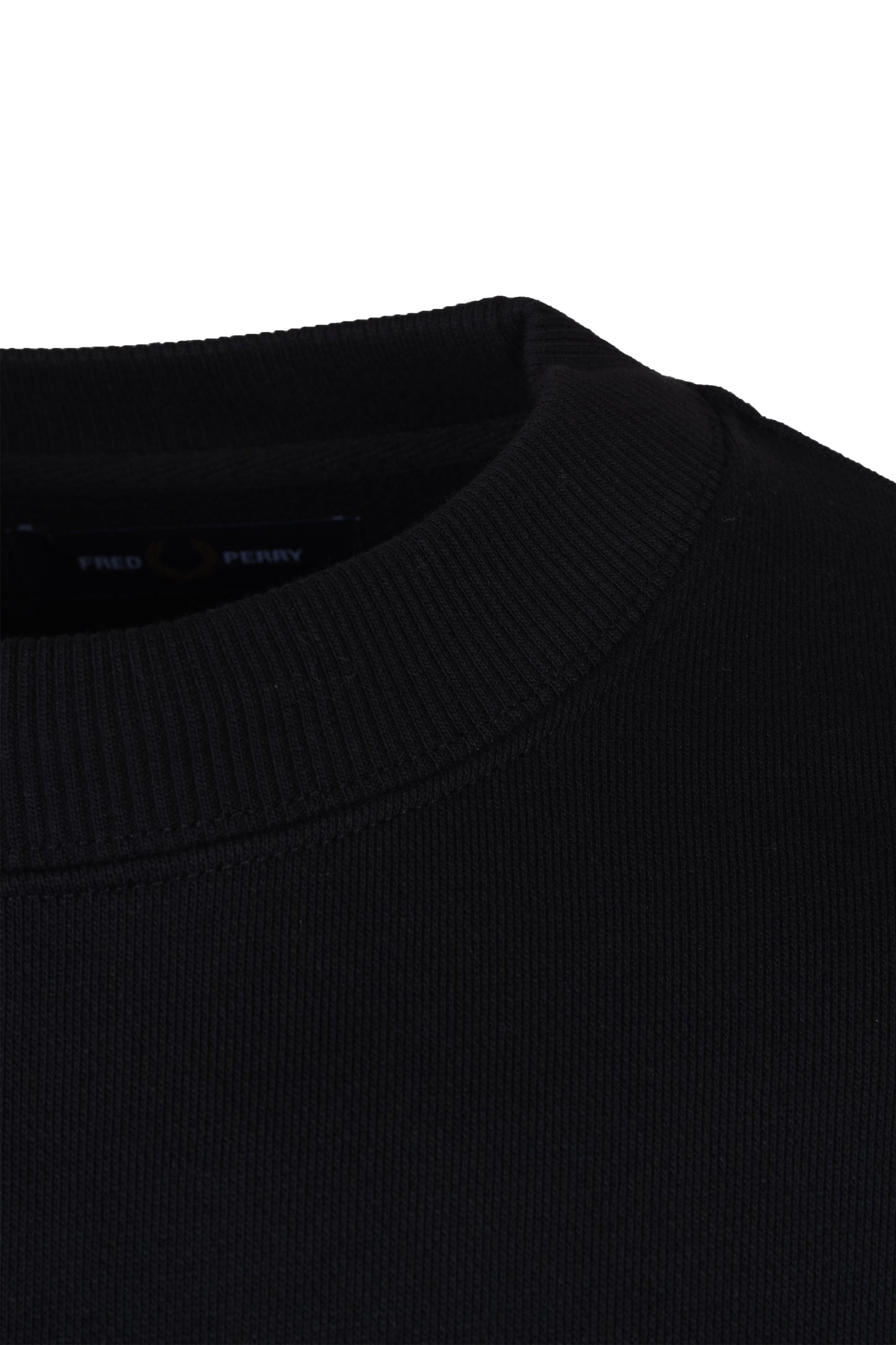 Ribbed collar on a Fred Perry branded crew neck sweatshirt in black