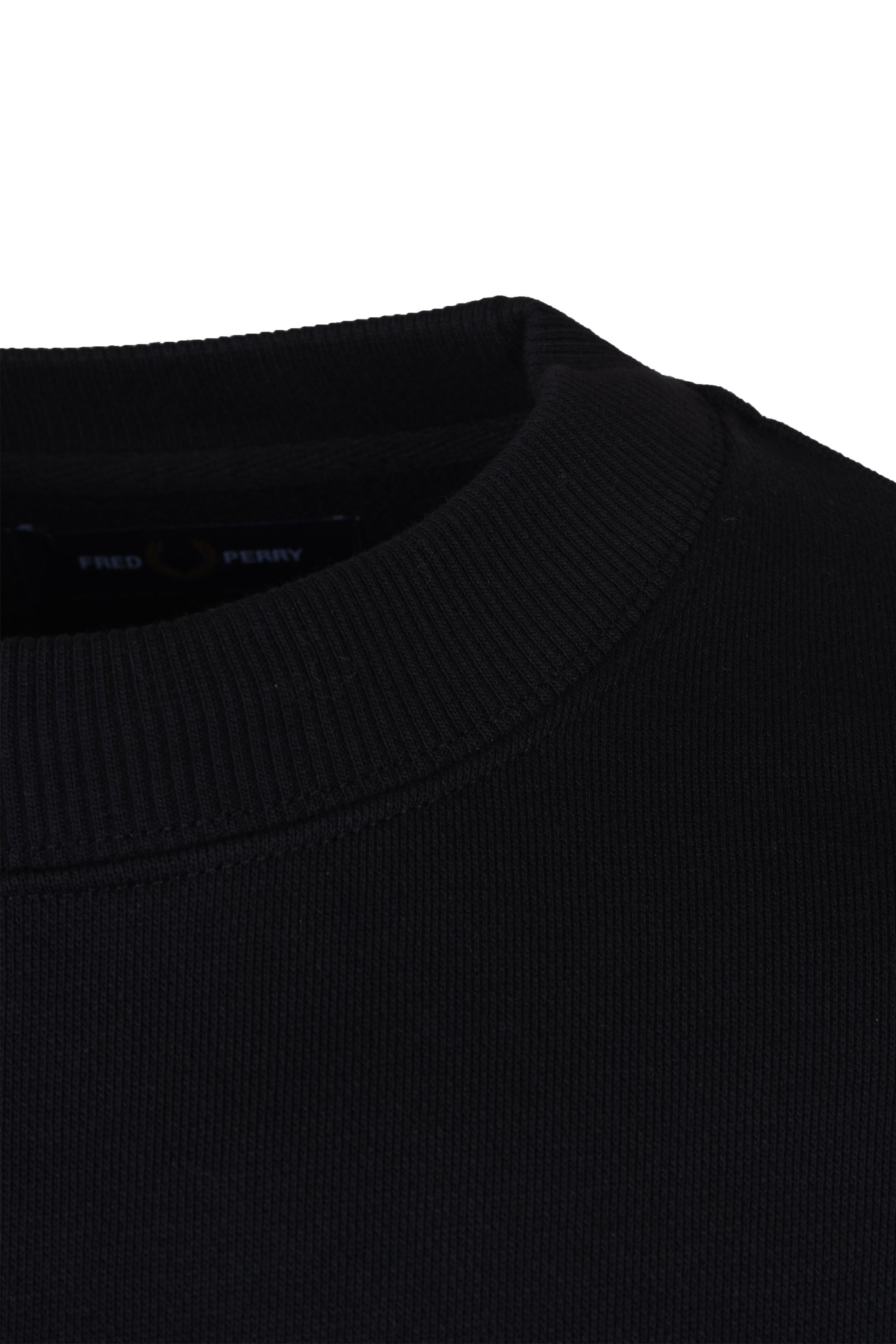 Ribbed collar on a Fred Perry branded crew neck sweatshirt in black