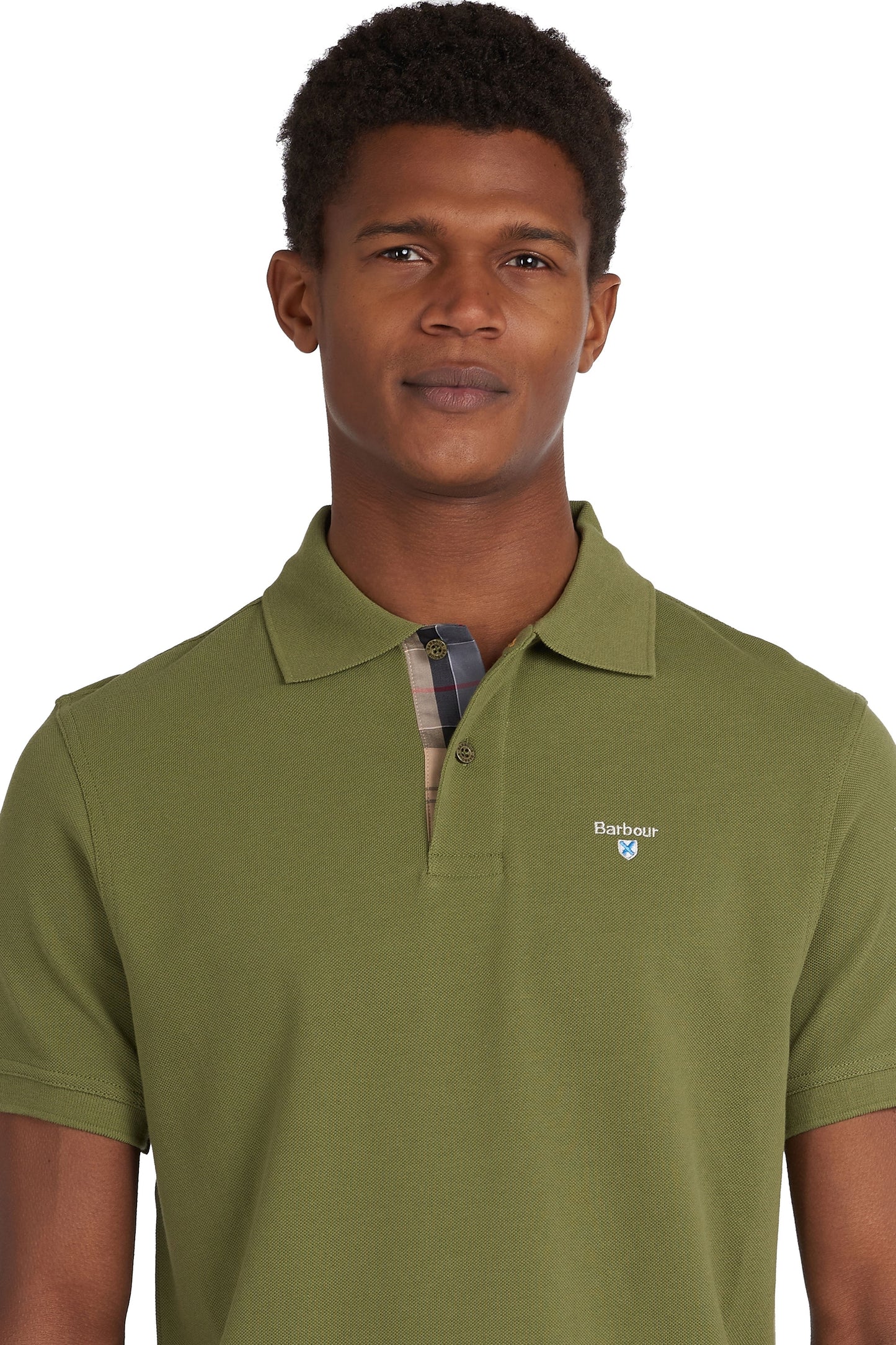 Polo piqué à carreaux écossais Barbour, olive brûlée