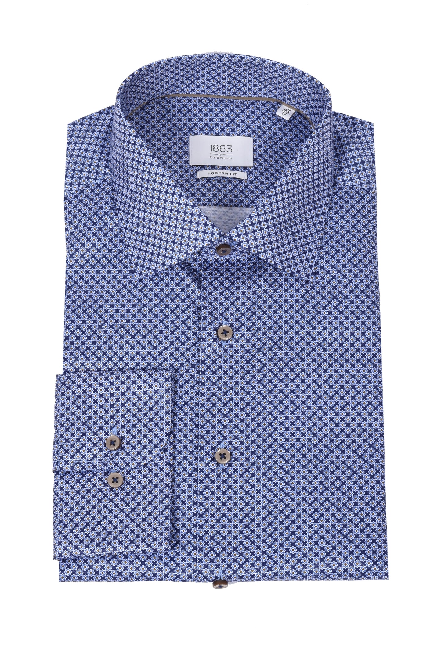 Eterna Cut Away Collar Long Sleeved Shirt Blue Patterned