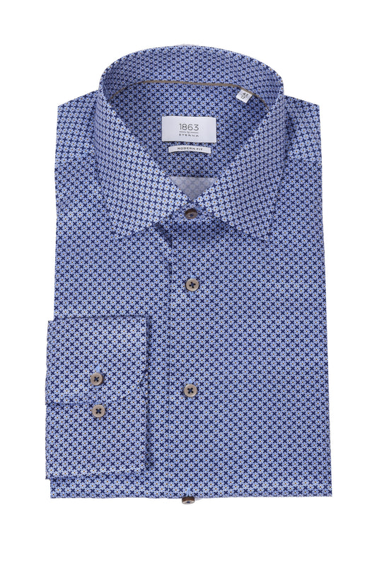 Eterna Cut Away Collar Long Sleeved Shirt Blue Patterned