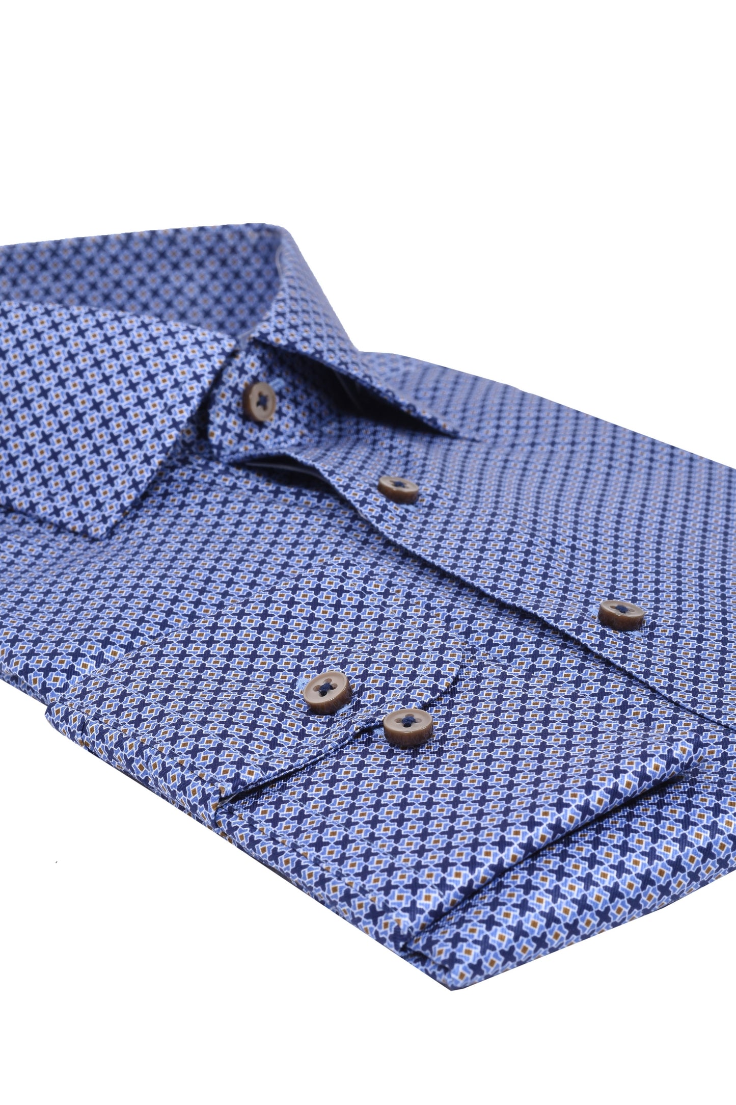 Eterna Cut Away Collar Long Sleeved Shirt Blue Patterned