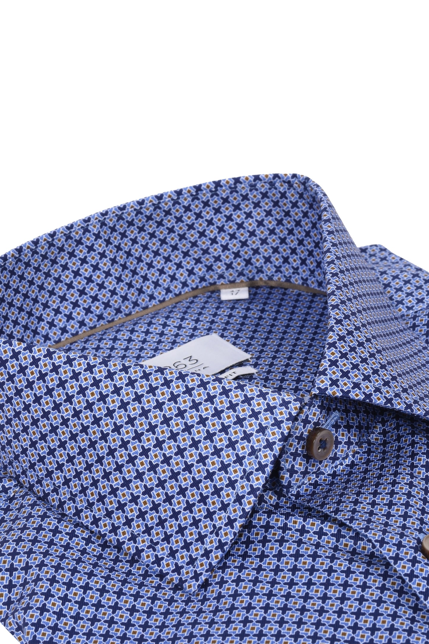 Eterna Cut Away Collar Long Sleeved Shirt Blue Patterned