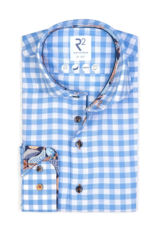 Camicia a maniche lunghe con colletto tagliato R2 a quadri azzurri