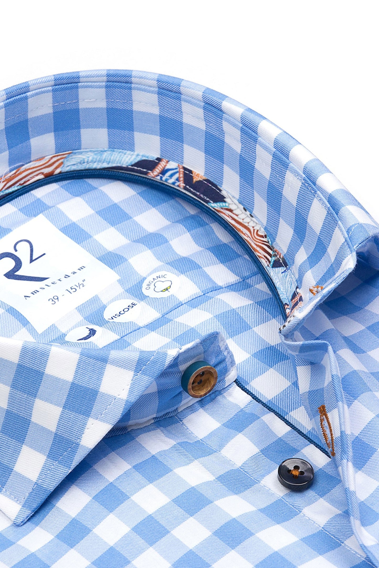 Camicia a maniche lunghe con colletto tagliato R2 a quadri azzurri