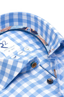 R2 Cut Away Collar Long Sleeved Shirt Light Blue Check R2