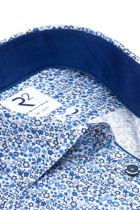 R2 Cut Away Collar Long Sleeved Shirt Blue Floral