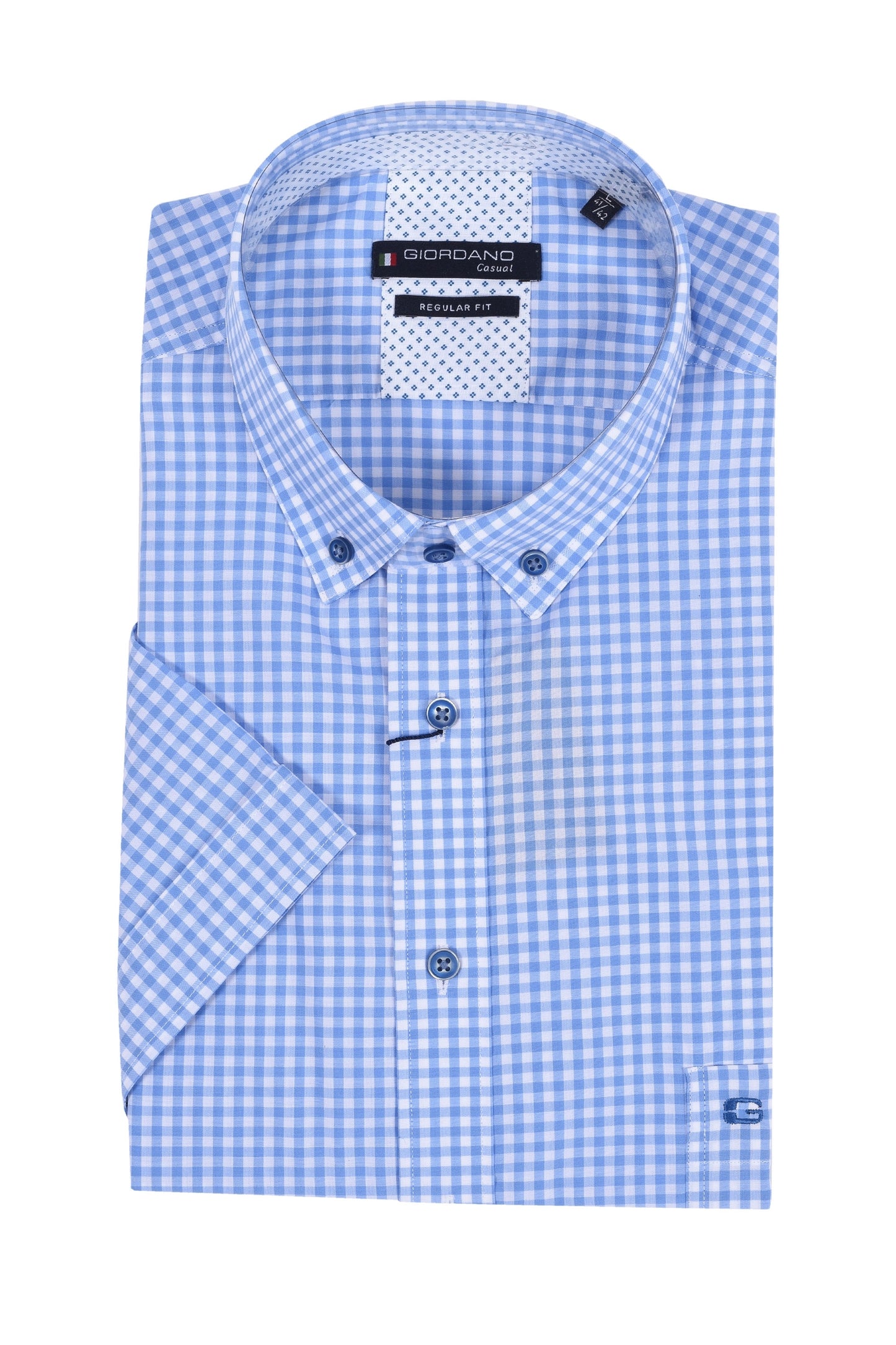 Camicia a maniche corte Giordano Regular Fit a quadri azzurri
