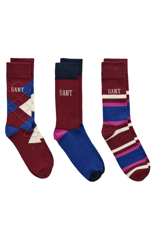 Gant Argyle And Stripe 3 Pack Socks Plumped Red