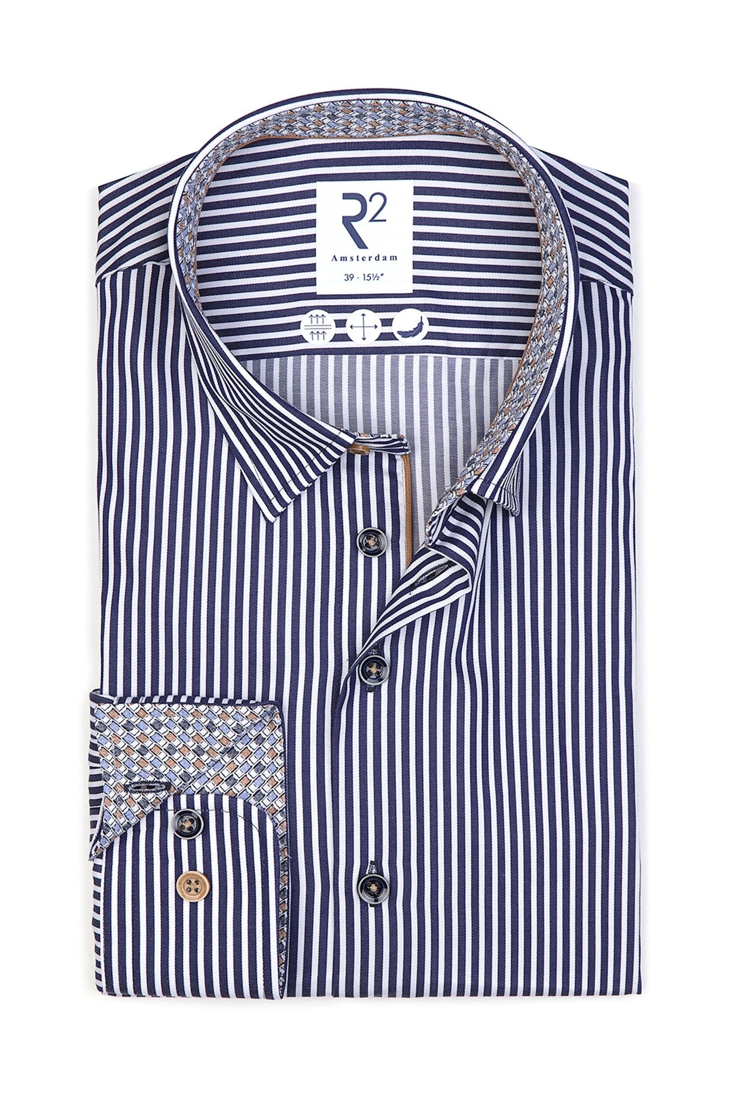 Camicia a righe blu navy con bottoni nascosti R2