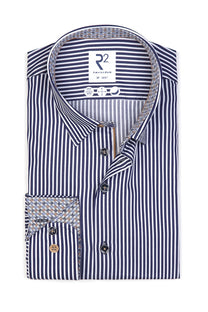 R2 Hidden Button Down Navy Stripe Shirt R2