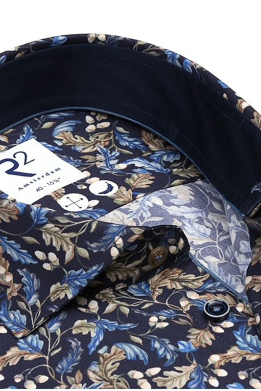 R2 Acorn Print Long Sleeved Shirt Navy