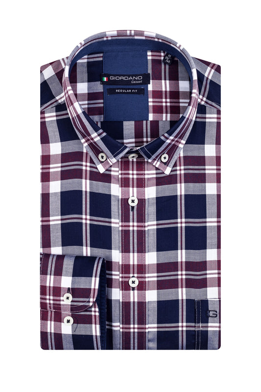 Giordano Ivy Long Sleeved Shirt Blue Burgundy Check