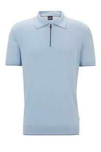 Boss Trieste Half Zip Short Sleeved Polo Shirt Light Pastel Blue Boss Black