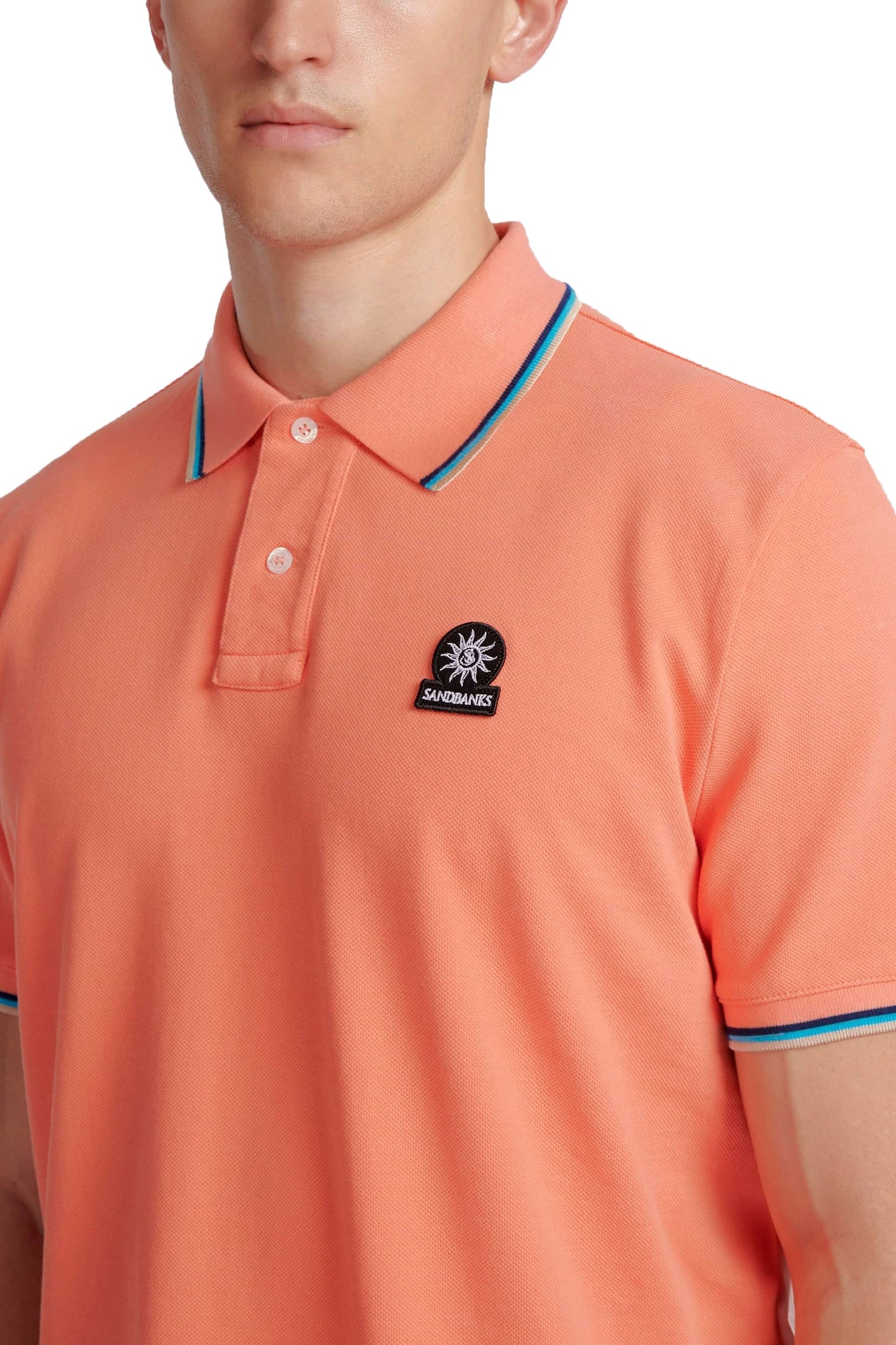 Sandbanks Badge Logo Tipped Sleeve Polo Shirt Coral