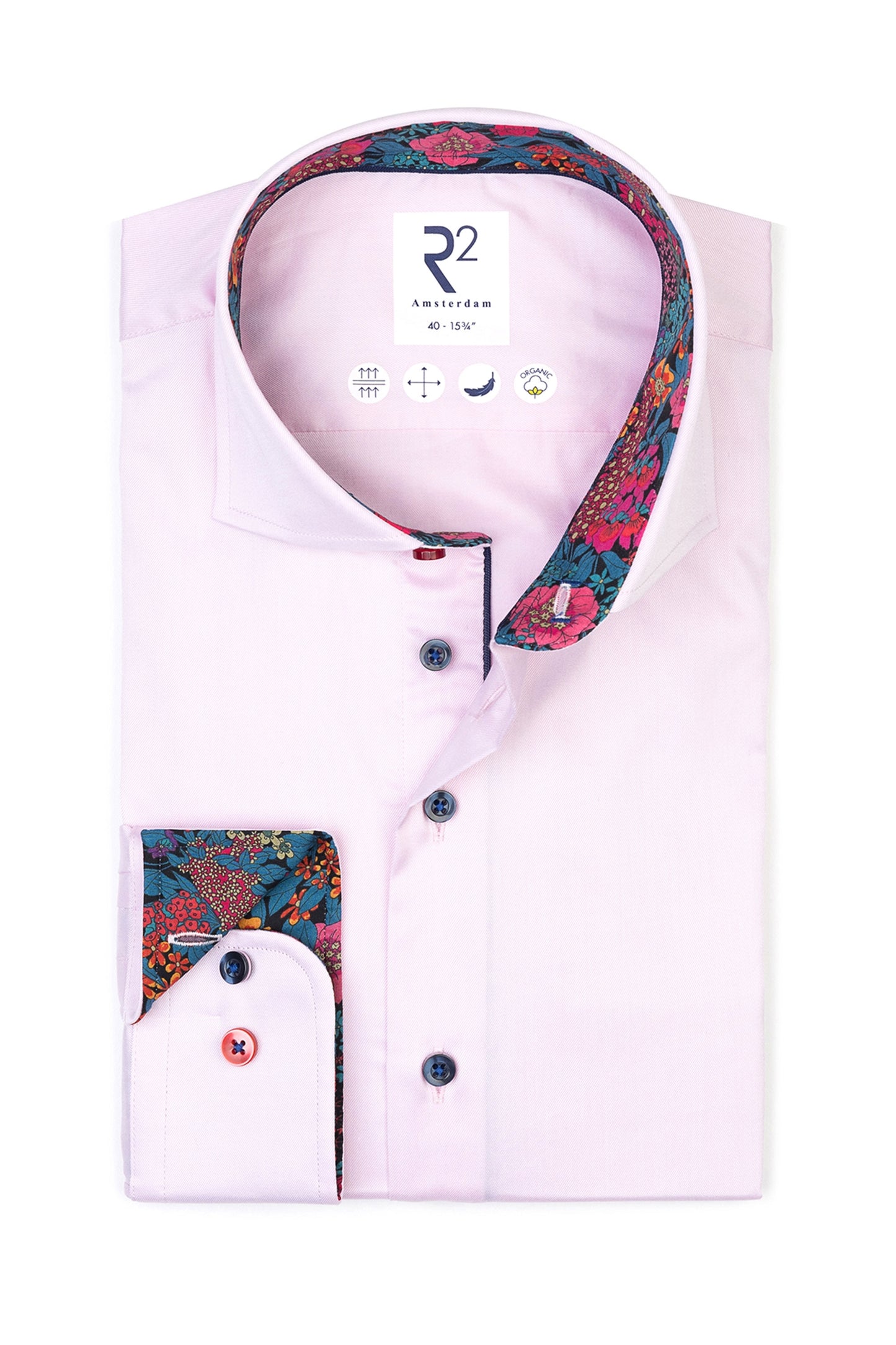 Camicia rosa R2 con stampa floreale Liberty e colletto tagliato
