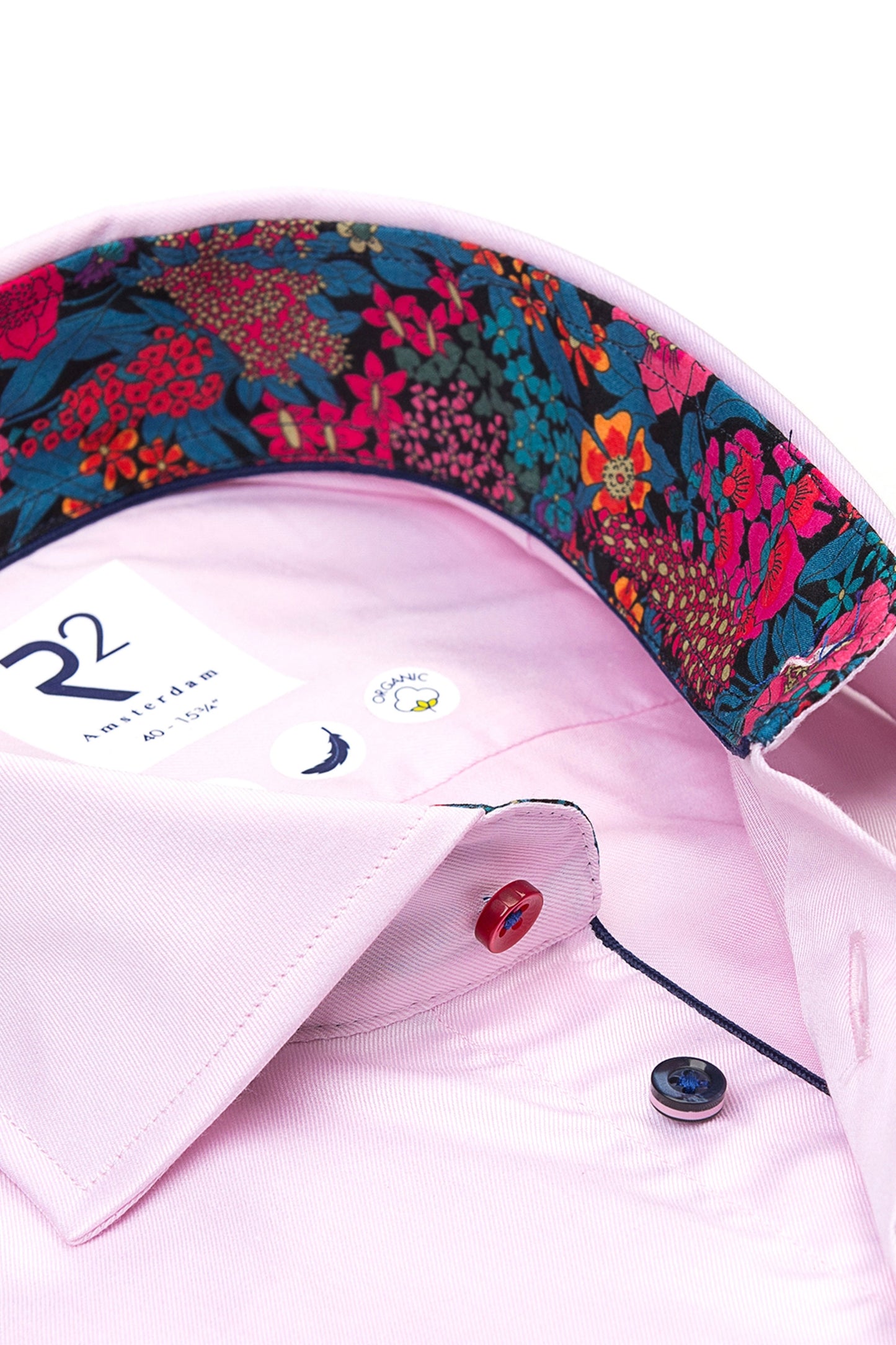 Camicia rosa R2 con stampa floreale Liberty e colletto tagliato