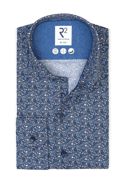 R2 Cut Away Collar Long Sleeved Shirt Blue Floral Patterned