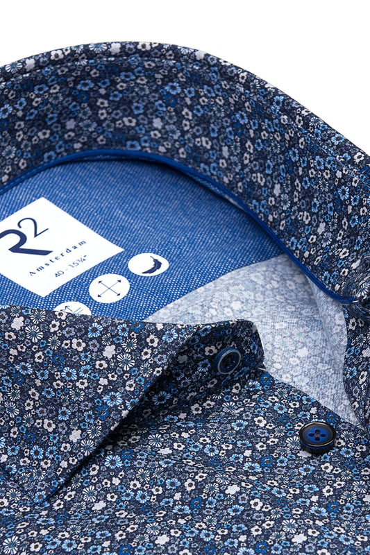 R2 Cut Away Collar Long Sleeved Shirt Blue Floral Patterned