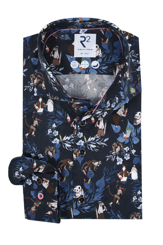 R2 Animal Print Long Sleeved Shirt Navy