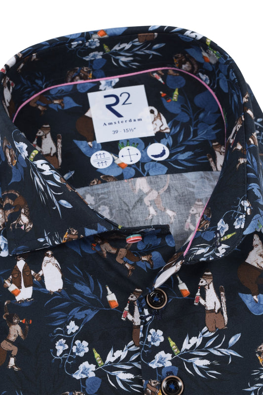 R2 Animal Print Long Sleeved Shirt Navy