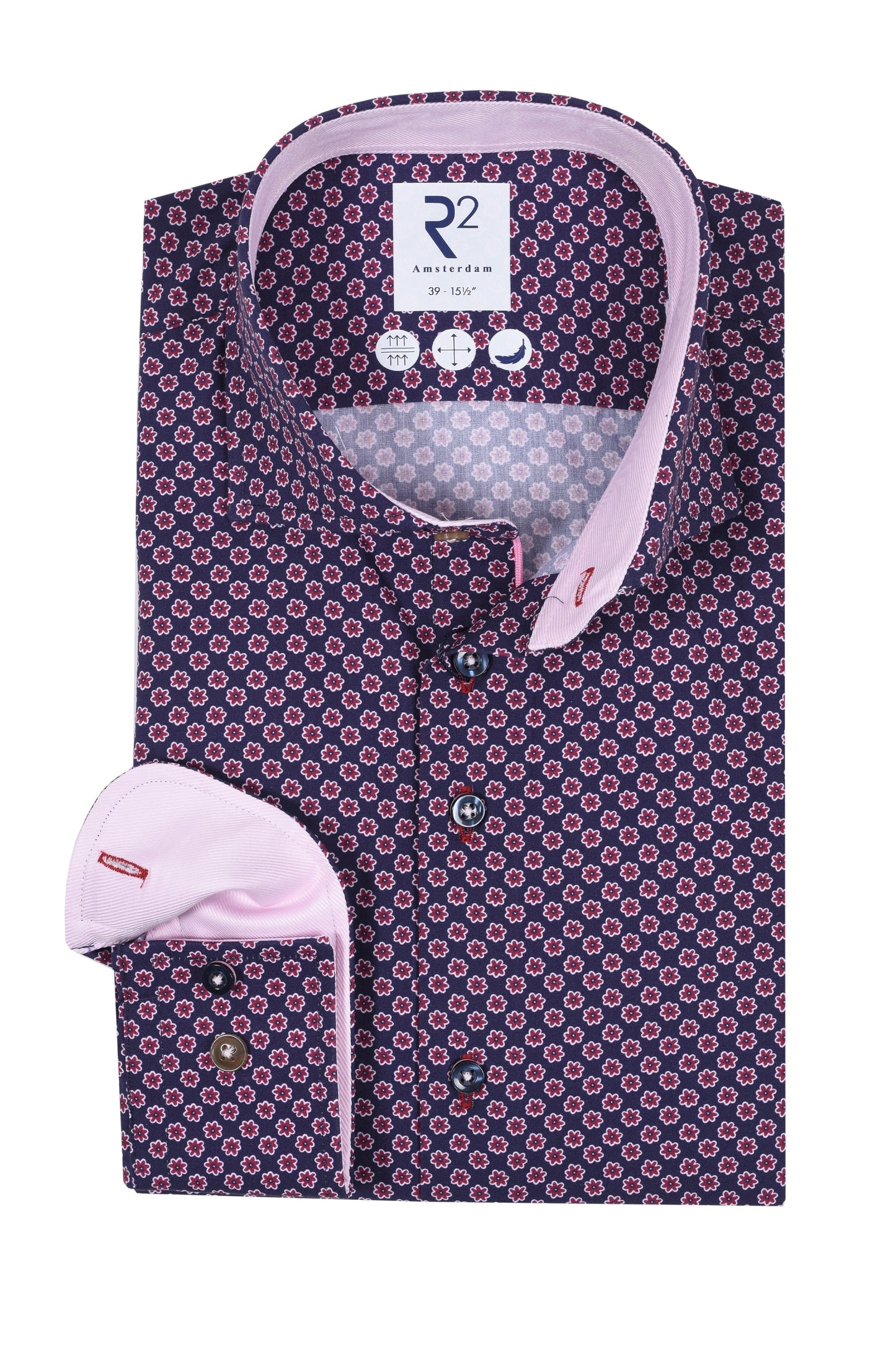 Camicia stampata floreale R2 blu navy e rosa