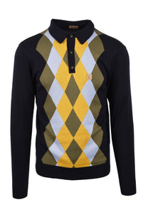 Gabicci Vintage Pablo Argyle Knitted Long Sleeved Polo Navy Gabicci Vintage