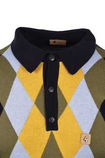 Gabicci Vintage Pablo Argyle Knitted Long Sleeved Polo Navy Gabicci Vintage