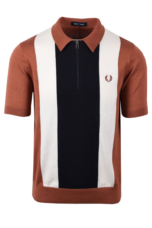 Polo a righe verticali con zip Fred Perry Cannella/Blu navy/Ecru