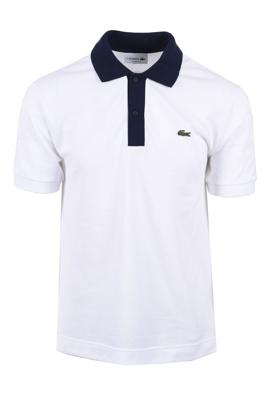 Polo Lacoste à manches courtes et col contrasté Blanc/Bleu marine