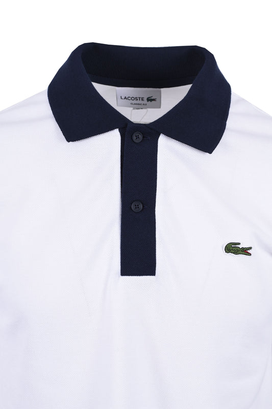 Polo Lacoste à manches courtes et col contrasté Blanc/Bleu marine