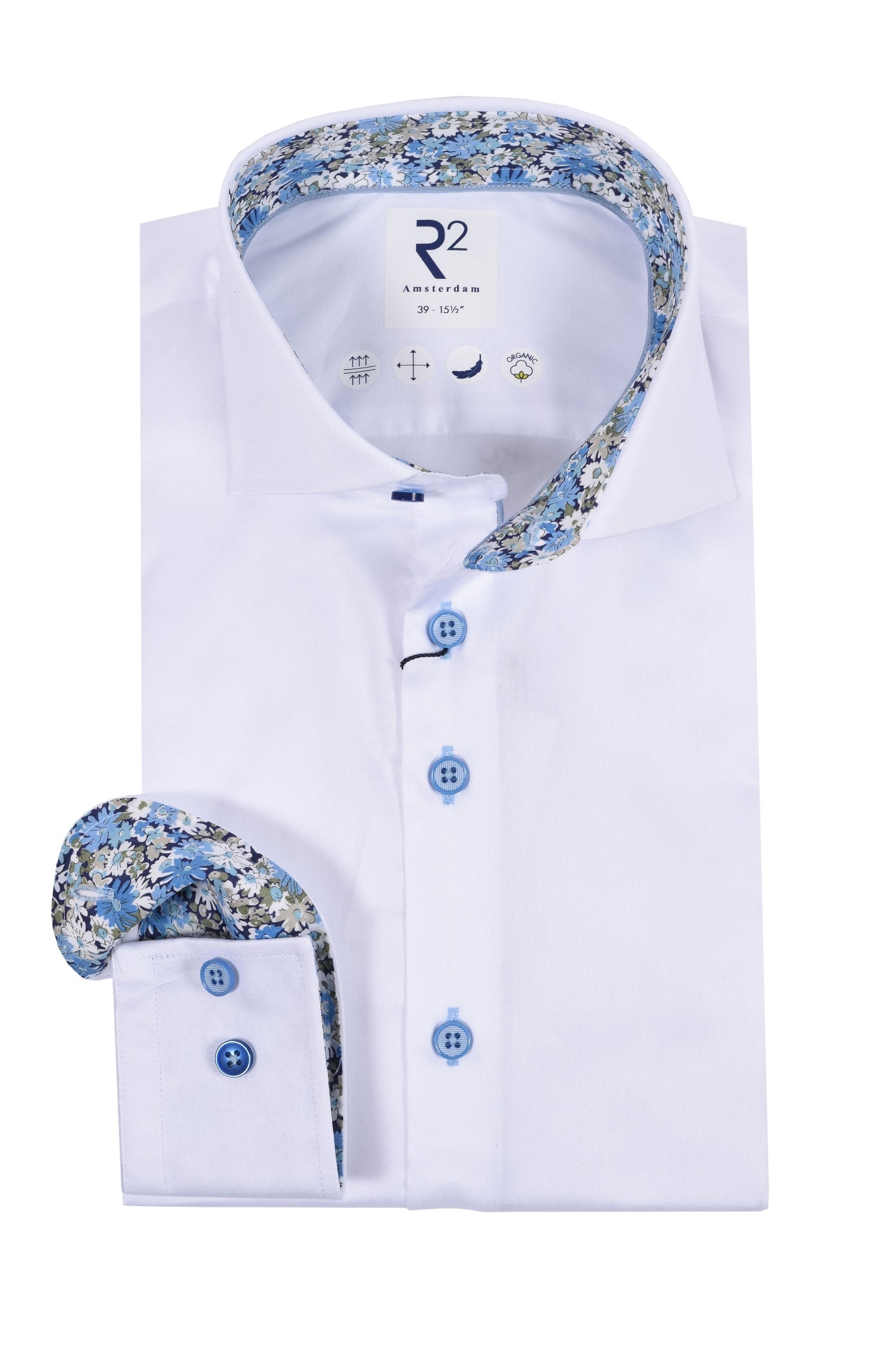 R2 Cut Away Collar Long Sleeved Shirt White with Blue Floral Trim