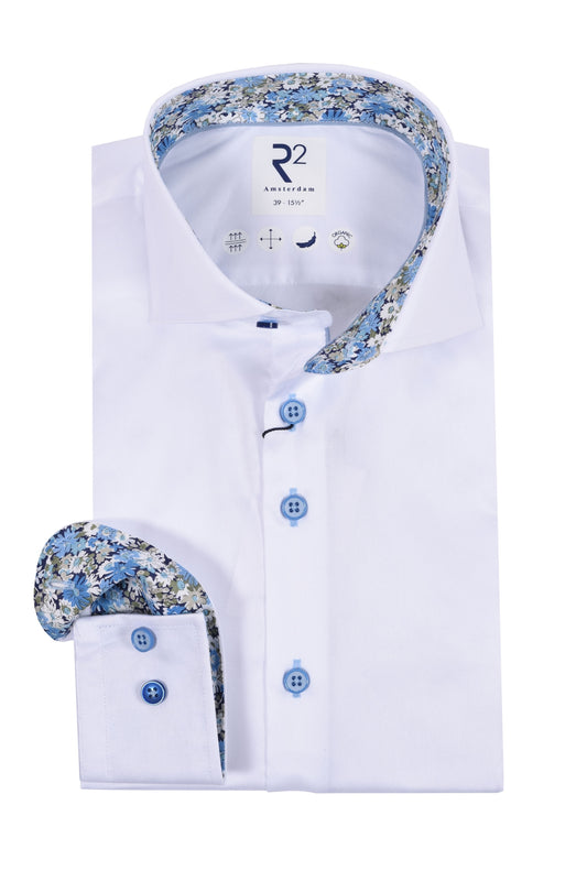 R2 Cut Away Collar Long Sleeved Shirt White with Blue Floral Trim