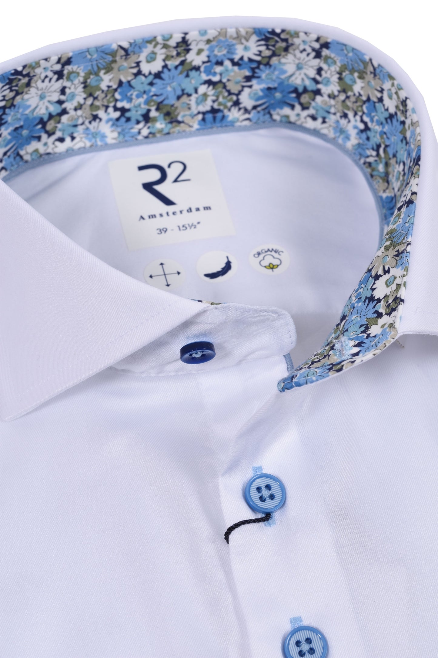R2 Cut Away Collar Long Sleeved Shirt White with Blue Floral Trim